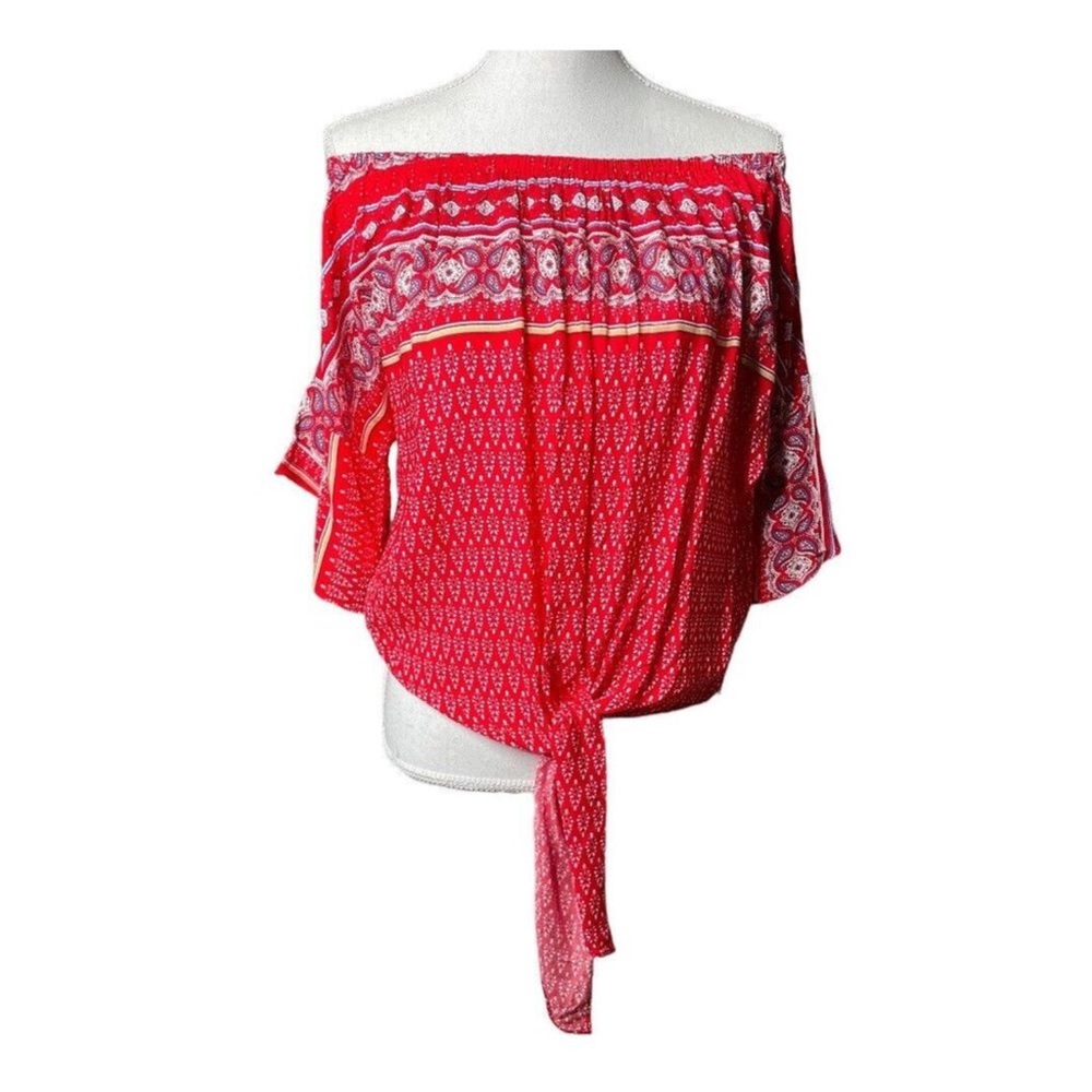 Umgee Red and White Dolman Sleeve Blouse with Tie Front